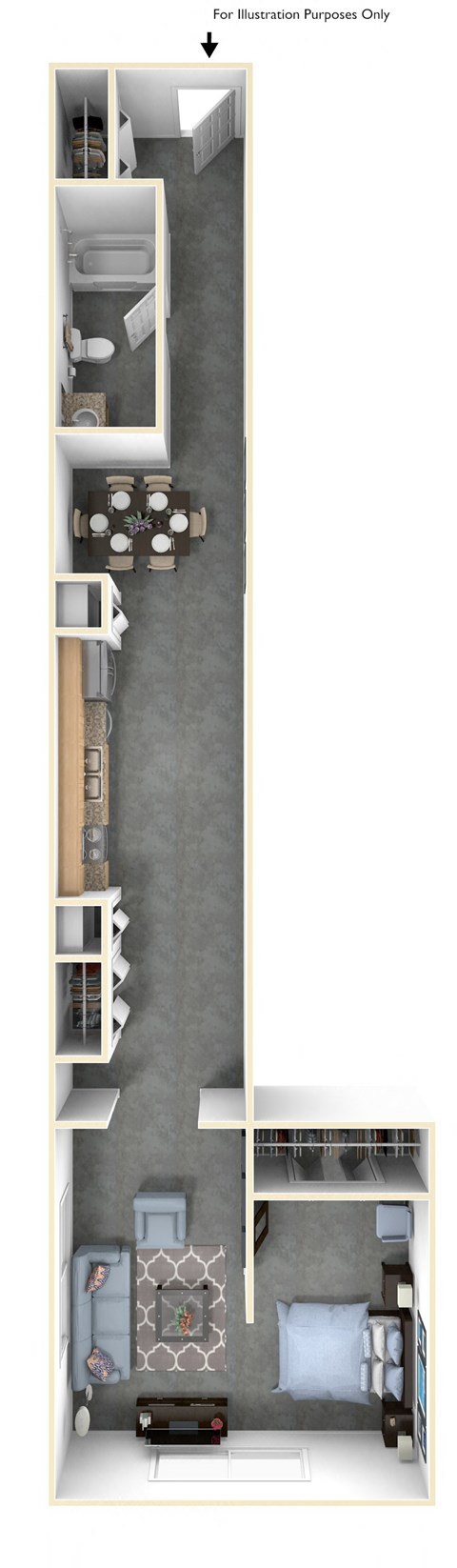 Floor plan for 1 bed, 1 bath, 917 sqft
